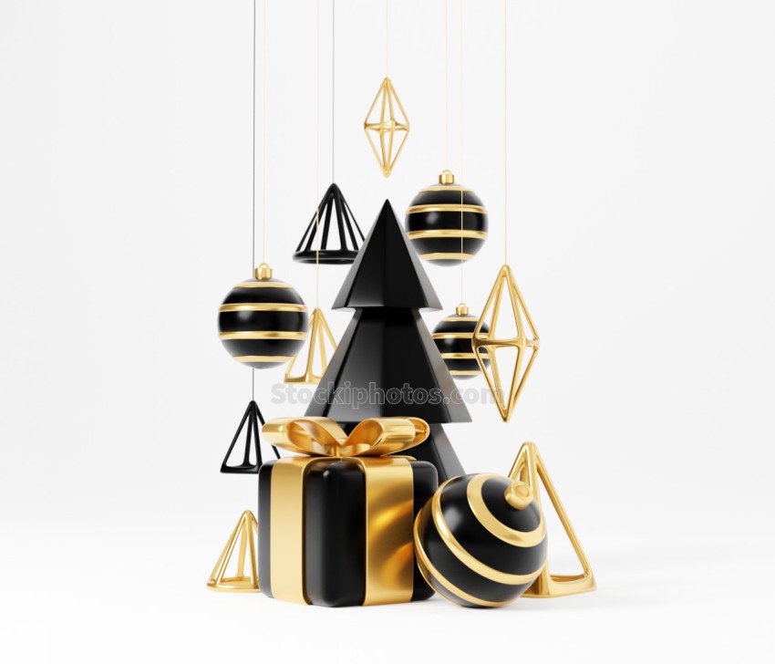 Luxury christmas 3d render banner or greeting card. Modern Minimal New year and Christmas gold and black Decoration with tree, candy, ball, gift box on black background