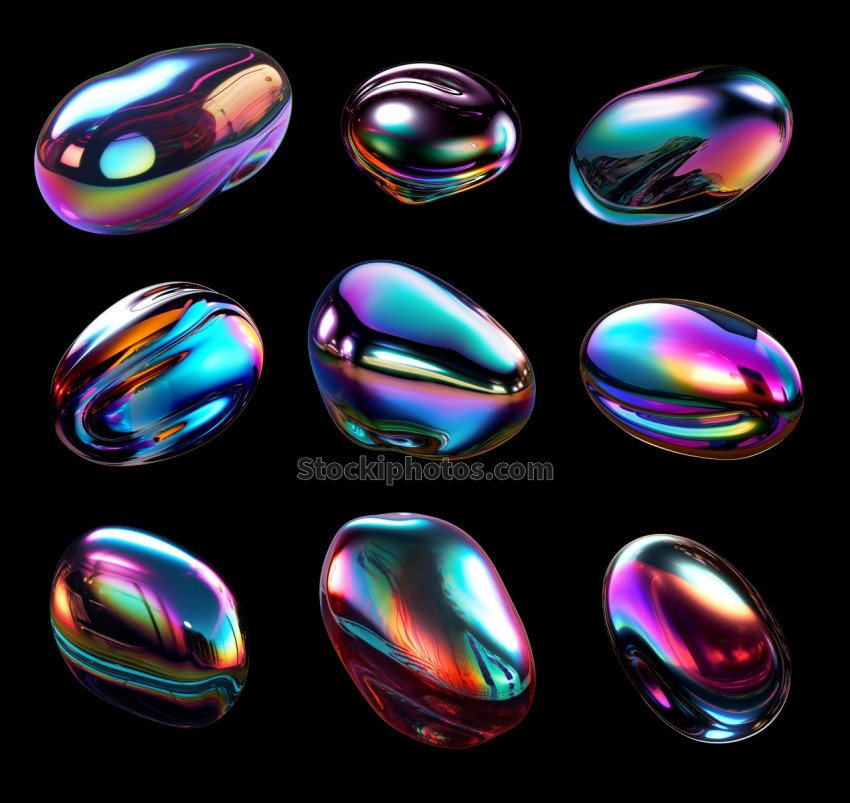 Bold holographic liquid metal blob shapes set isolated. Iridesce