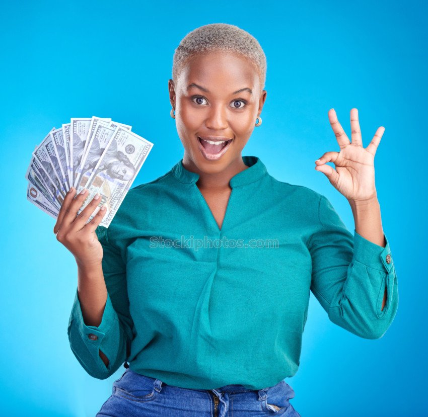 woman portrait okay sign money fan bonus financial success winning