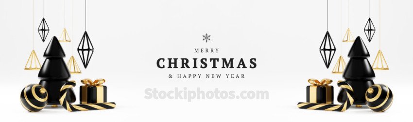 Luxury christmas 3d render banner or greeting card. Modern Minimal New year and Christmas gold and black Decoration with tree, candy, ball, gift box on black background