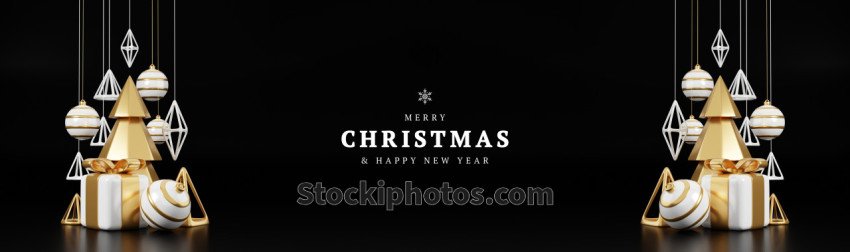 Luxury christmas 3d render banner or greeting card. Modern Minimal New year and Christmas gold and black Decoration with tree, candy, ball, gift box on black background