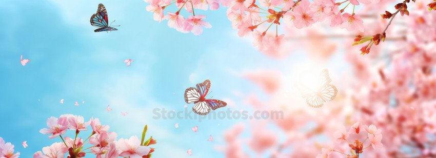 Spring background with pink cherry blossom flowers and flying butterflies on blue sky banner, springtime nature concept