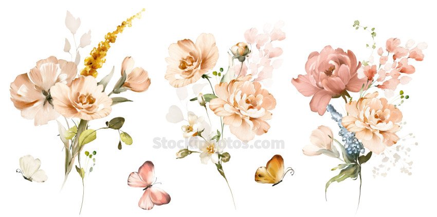 Set watercolor pink  flowers, garden roses, peonies. collection