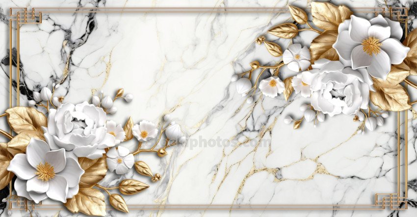 3d wallpapers, gold flower, marble, golden frame