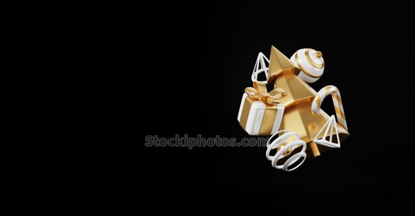 Luxury christmas 3d render banner or greeting card. Modern Minimal New year and Christmas gold and black Decoration with tree, candy, ball, gift box on black background