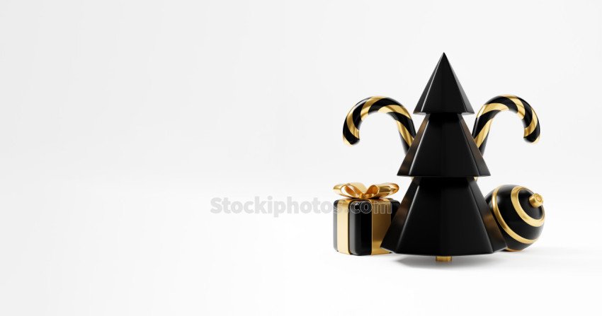 Luxury christmas 3d render banner or greeting card. Modern Minimal New year and Christmas gold and black Decoration with tree, candy, ball, gift box on black background