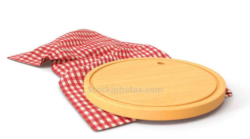 Wooden pizza or cutting board on red plaid towel, 3D render.