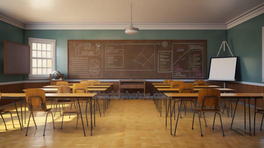 A dark and mysterious classroom with empty desks and chairs faci