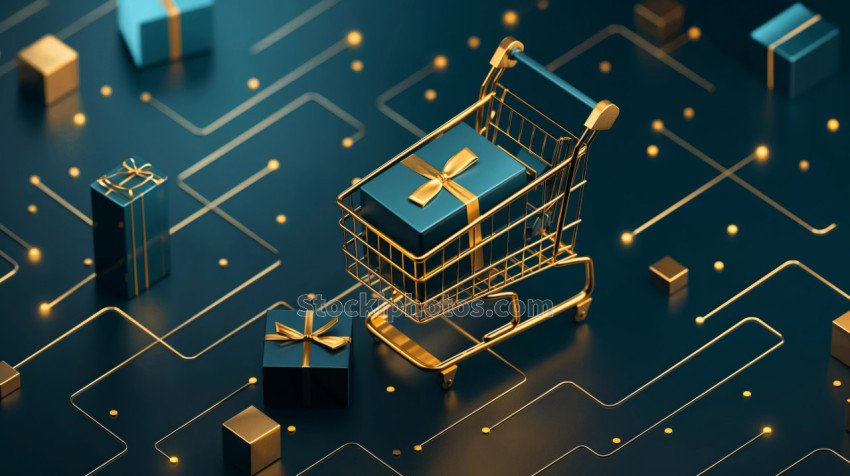 Digital shopping concept with cart and gifts on circuit board