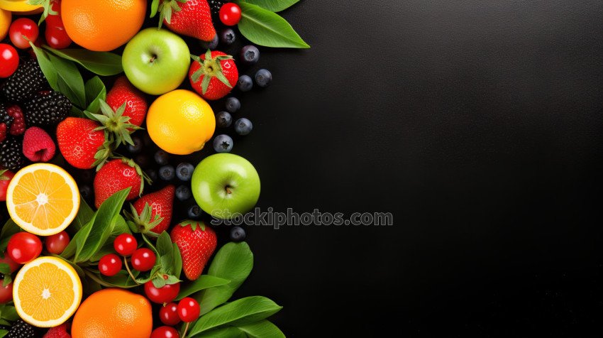 top view of fresh fruits, vegetables and berries on black background