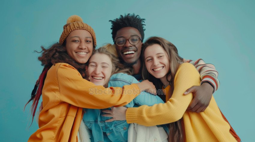 Freshmen students hugging, best friends, cut out. Multiracial concept.