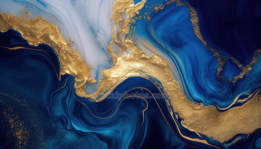 Abstract blue marble texture with gold splashes, blue luxury