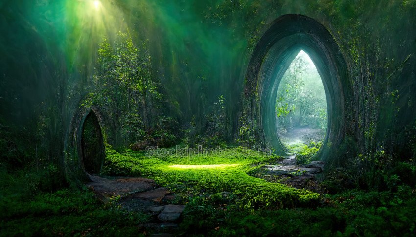 A fantastic magical gateway portal in the forest. Colorful picturesque bright forest. The round portal teleports to other worlds. Fantastic landscape 3d illustration