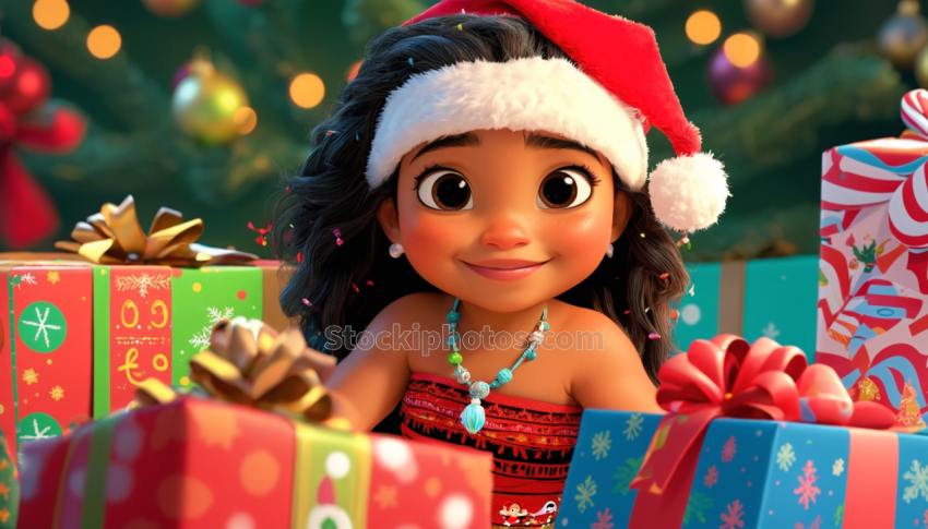 moana drinks cartoon at christmas with gifts