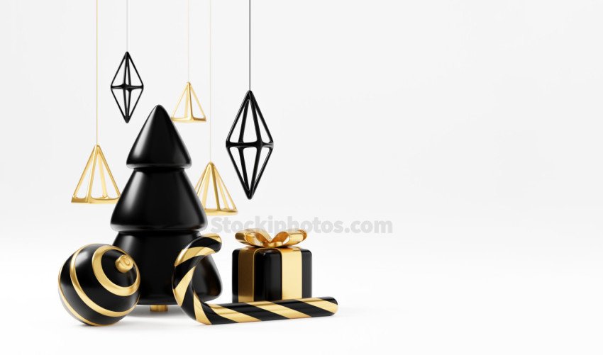 Luxury christmas 3d render banner or greeting card. Modern Minimal New year and Christmas gold and black Decoration with tree, candy, ball, gift box on black background