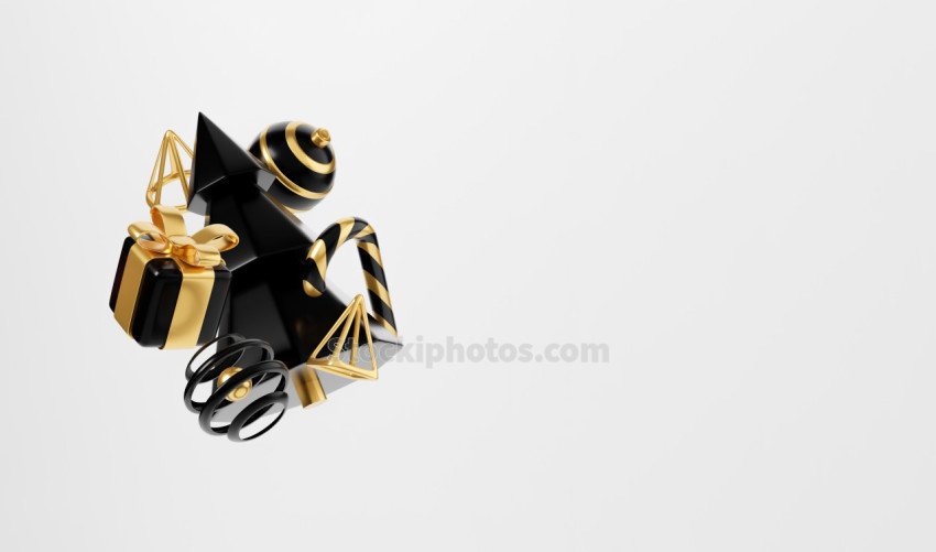 Luxury christmas 3d render banner or greeting card. Modern Minimal New year and Christmas gold and black Decoration with tree, candy, ball, gift box on black background