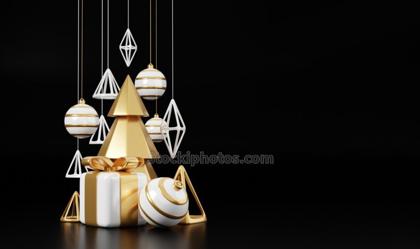 Luxury christmas 3d render banner or greeting card. Modern Minimal New year and Christmas gold and black Decoration with tree, candy, ball, gift box on black background