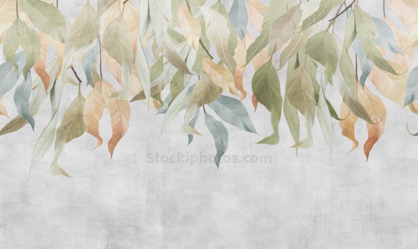 Hand-drawn branches with leaves hanging from above on a textured background. Seamless pattern.