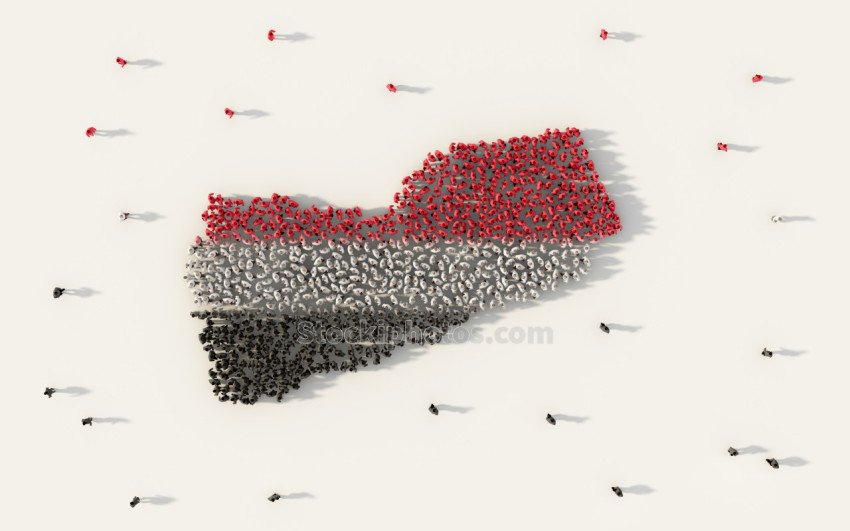 Large group of people forming Yemen map and national flag in soc