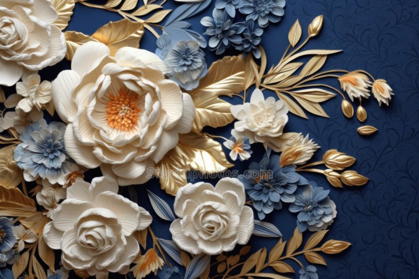 Paper flowers and leaves on a blue background.