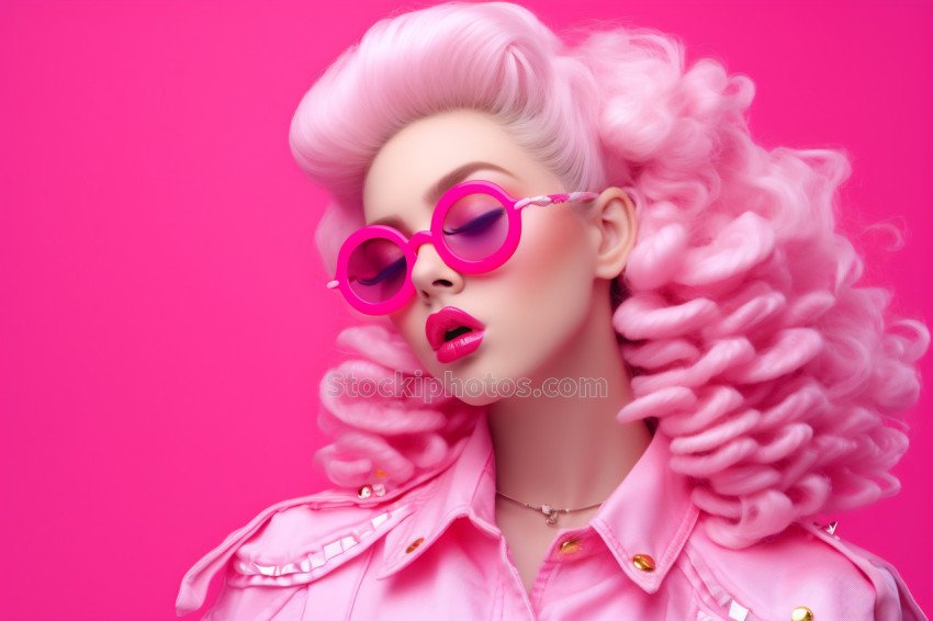 Emotion pink wig woman. Wide open mouth. Pink lips makeup