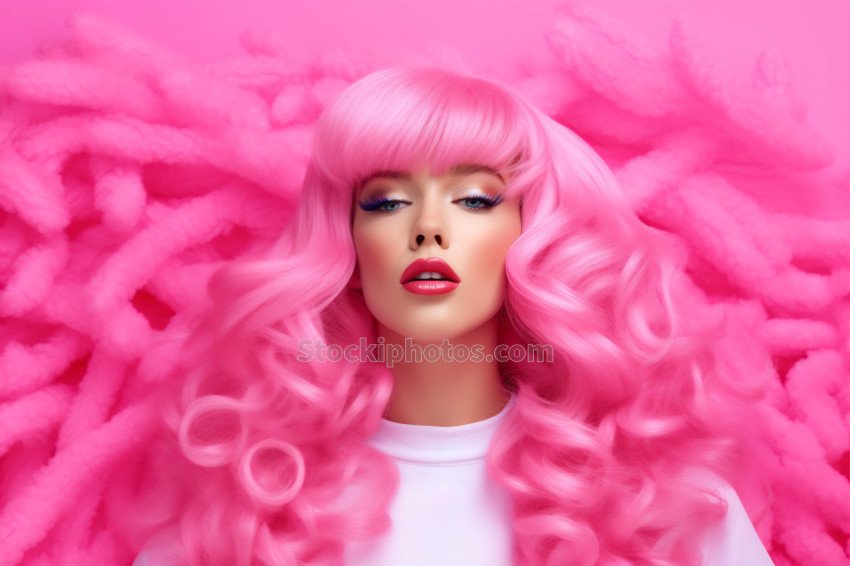 Emotion pink wig woman. Wide open mouth. Pink lips makeup