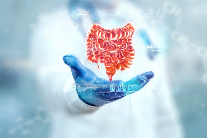 The doctor looks at the hologram of the intestine, checks the test result on the virtual interface and analyzes the data. Ulcer, surgery, innovative technologies, medicine of the future.