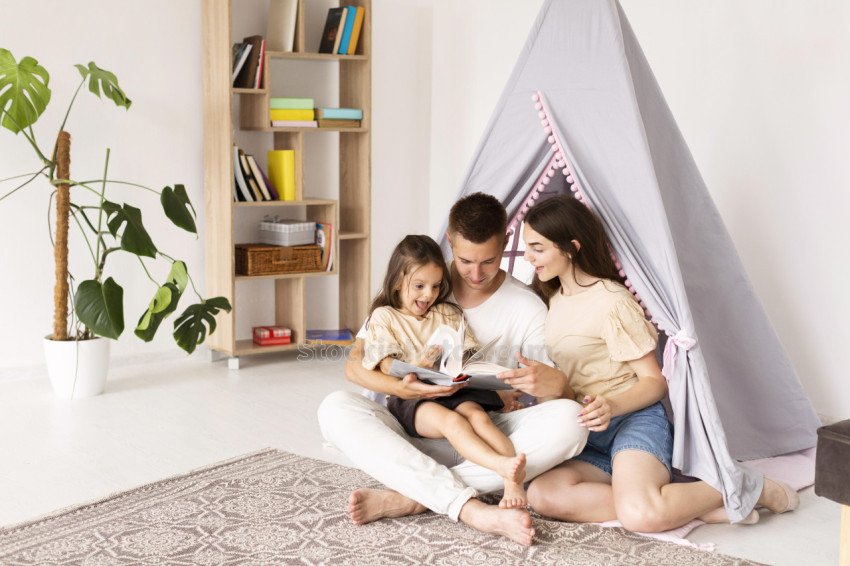 long shot beautiful family spending time together home