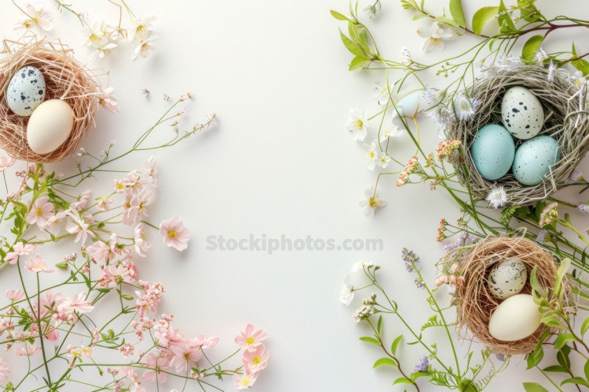 Happy Easter background with eggs in nest, spring flowers and copy space. Flat lay. Greeting card