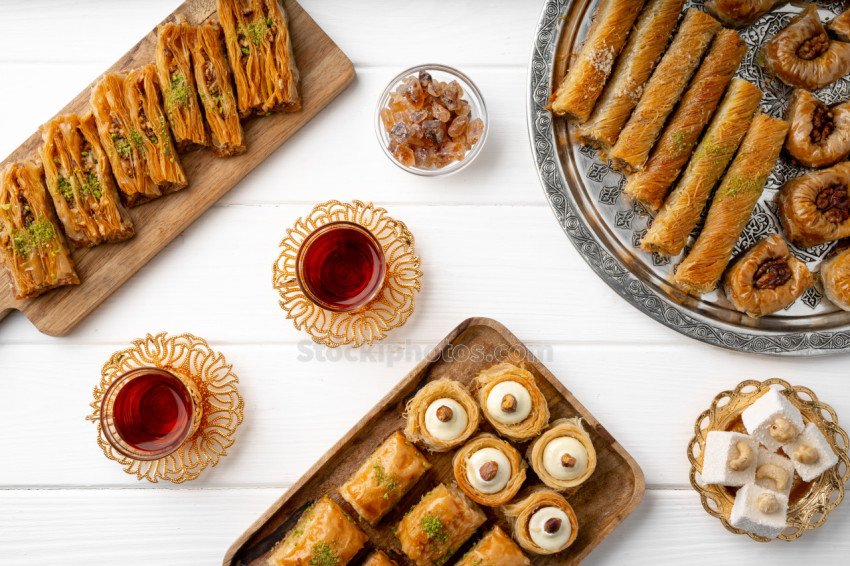 Top view of Turkish desserts on wooden background