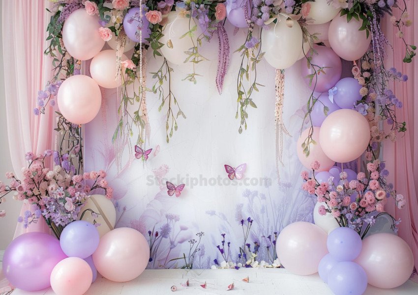 pink purple balloon arch with flowers butterflies