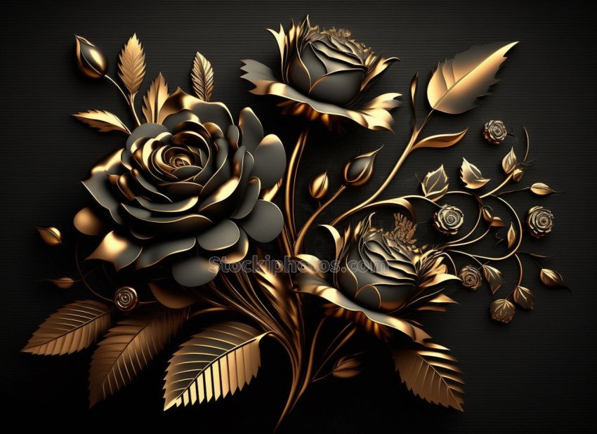 3d wallpaper with golden and black roses on a black background