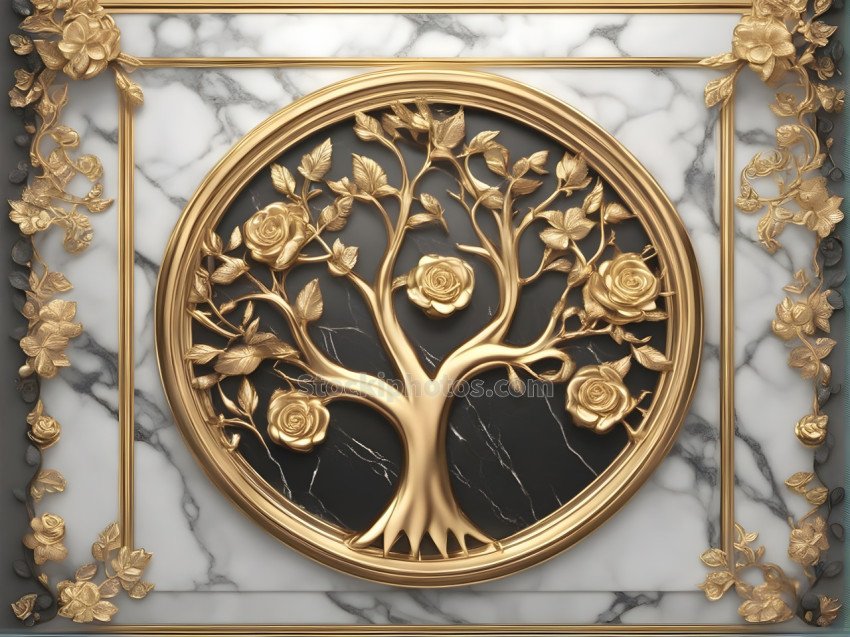 Background illustration marble luxury tree floral golden black