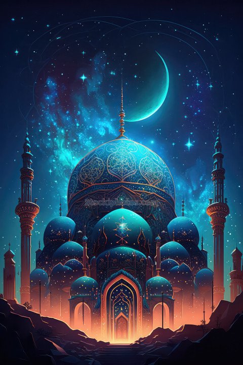 colorful Islamic Mosque, Ramadan, eid mubarak , Generative AI