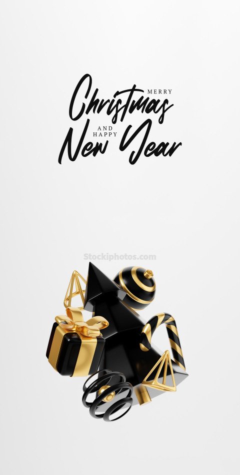 Luxury christmas 3d render banner or greeting card. Modern Minimal New year and Christmas gold and black Decoration with tree, candy, ball, gift box on black background