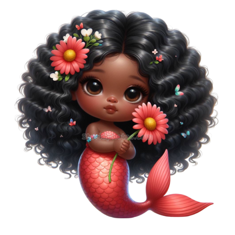 Watercolor Cute Floral Mermaid Clipart black african (9)