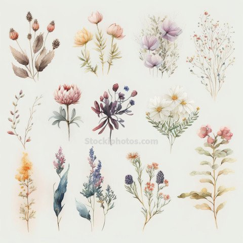 collection pretty delicate watercolor flowers each flower is different