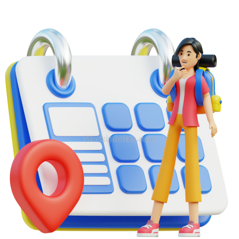 Travel Adventure Character 3D Illustration Female look at calendar