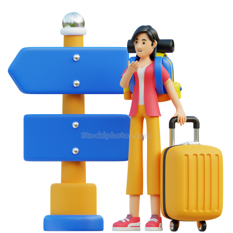 Travel Adventure Character 3D Illustration Female on direction board