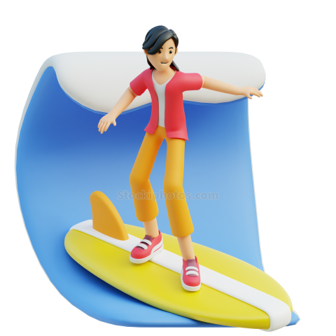 Travel Adventure Character 3D Illustration Female surfing