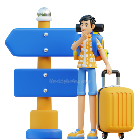 Travel Adventure Character 3D Illustration male on direction board