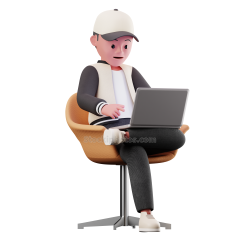 Sitting and Using Laptop 3D Male Character Pose Illustration Style 2