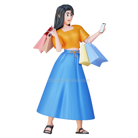 3D Online Shopping Character Female holding a phone