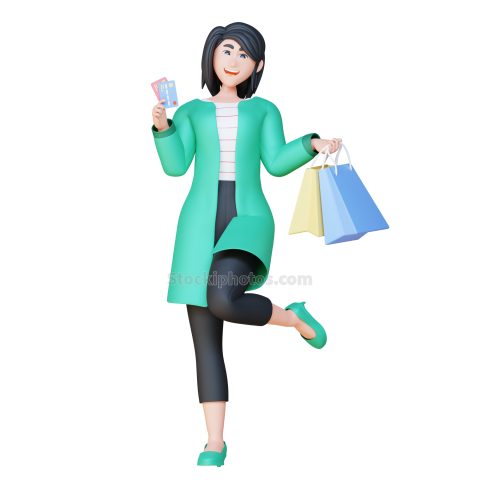 3D Online Shopping Character Female holding a card