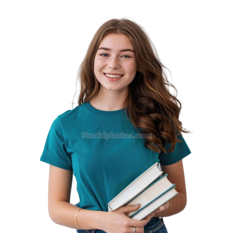 portrait full body photo smiling european 22yearold girl with books