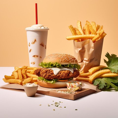 hamburger french fries are table with cup coffee