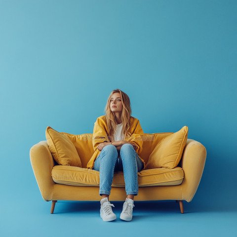 image girl sitting sofa isolated blue background