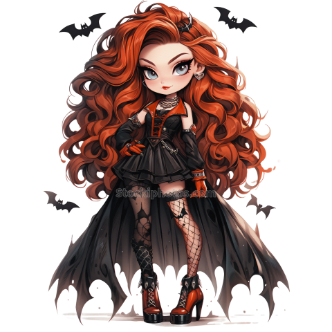 Halloween Goth Chic Dolls Watercolor Clipart Illustration (42)