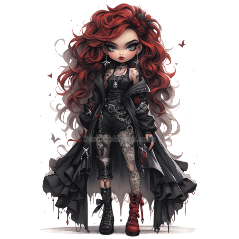 Halloween Goth Chic Dolls Watercolor Clipart Illustration (11)