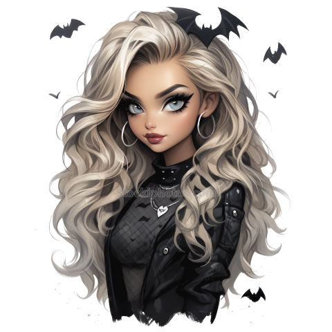 Halloween Goth Chic Dolls Watercolor Clipart Illustration (29)